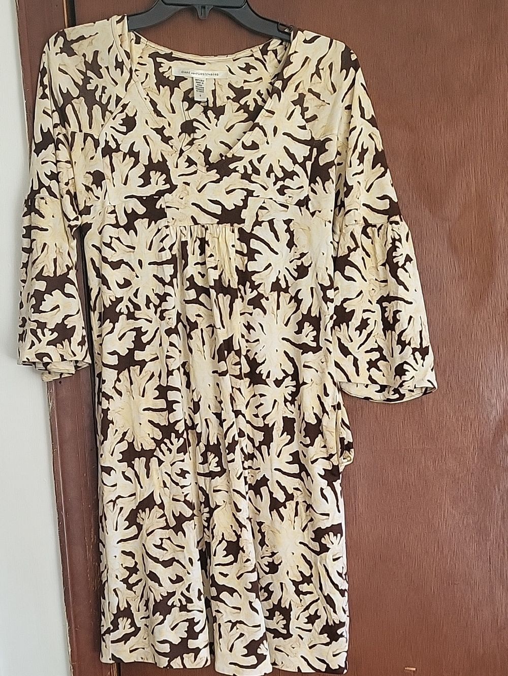 Diane Von Furstenberg Cream and Brown Floral-Print Midi Dress
